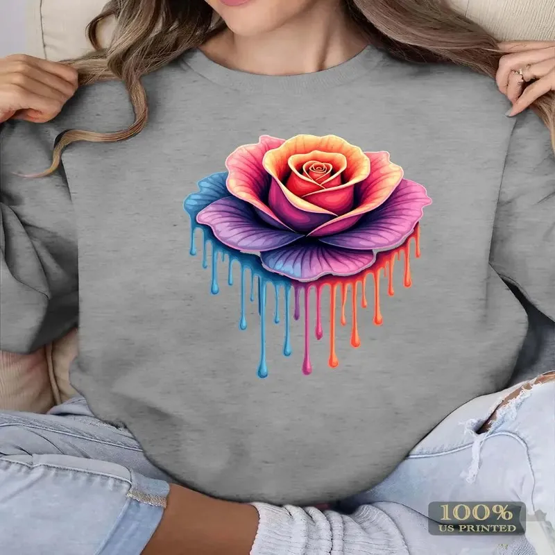 

Женская толстовка больших размеров с градиентным принтом роз, мягкий полиэстер, длинный рукав, круглый вырез, яркий розовый, фиолетовый цветочный дизайн,
