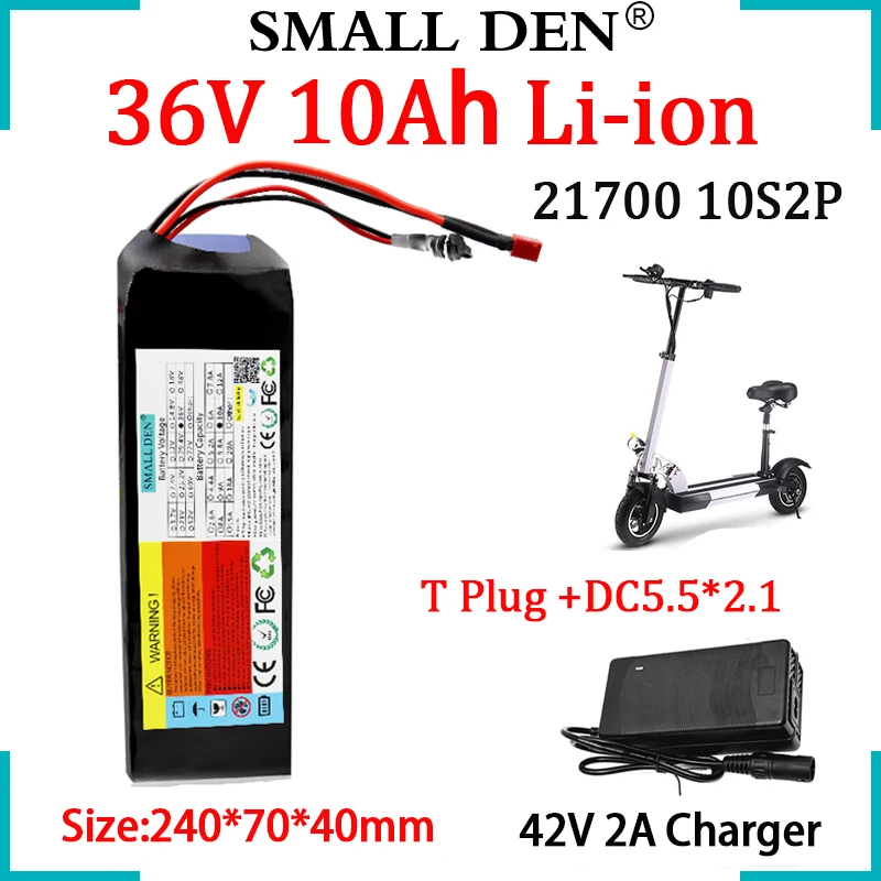 

36V 10Ah 10S2P Rechargeable Lithium Battery Pack 21700 500W High Power Built-in 15A BMS+42V 2A Charger For 42V electric vehicle