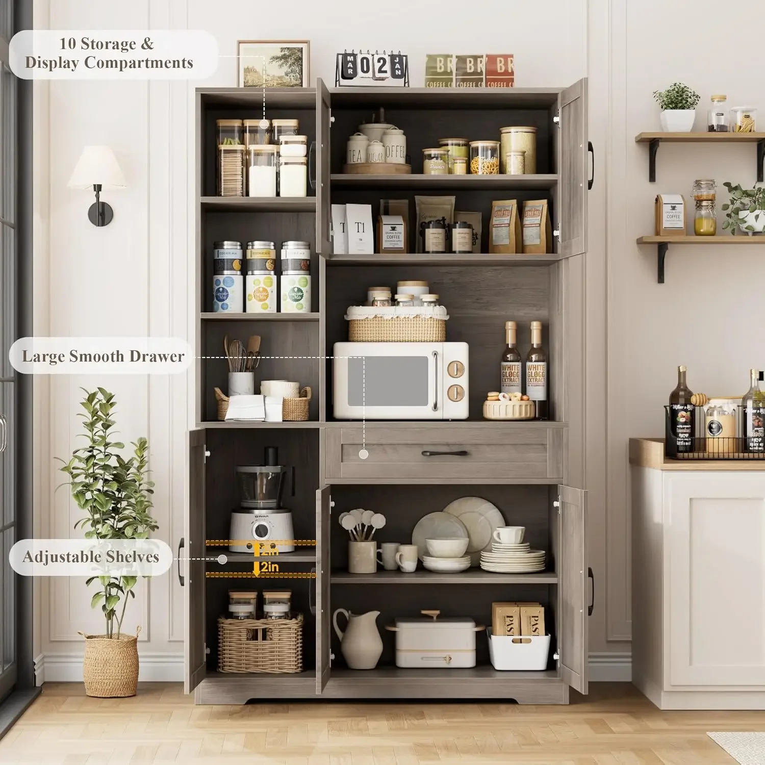 [عالية الجودة، صفقة ساخنة! ] خزانة تخزين مخزن المطبخ بطول 71 بوصة، خزانة مخزن طعام المزرعة مع حامل ميكروويف، أبواب الحظيرة