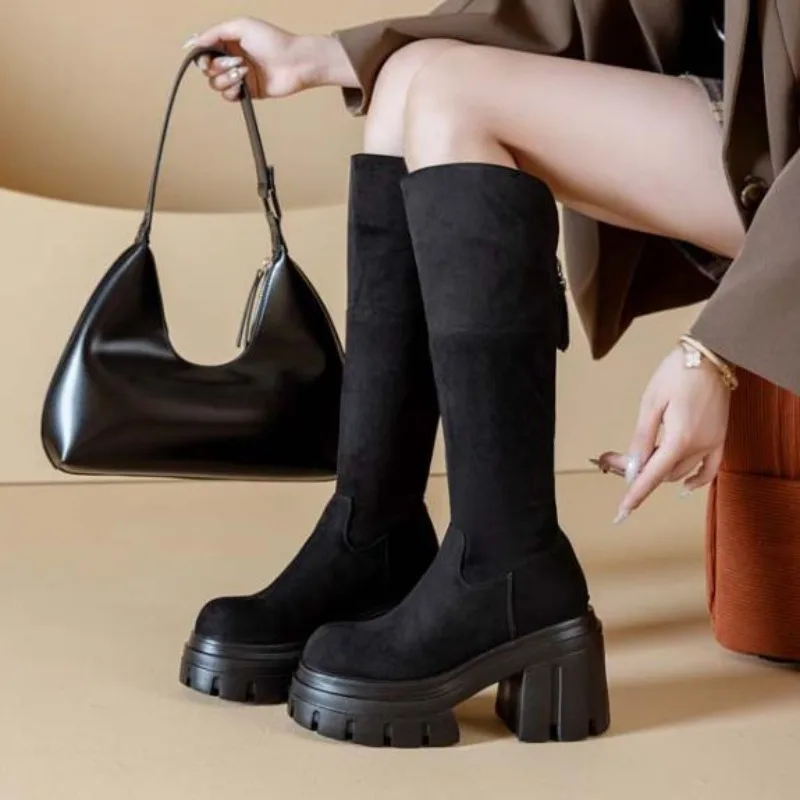 

10cm Women's Sock Boots Thick Bottom Slim Elastic Knee High Autumn Winter Zipper Resistant Vintage Round Toe Knight Boots