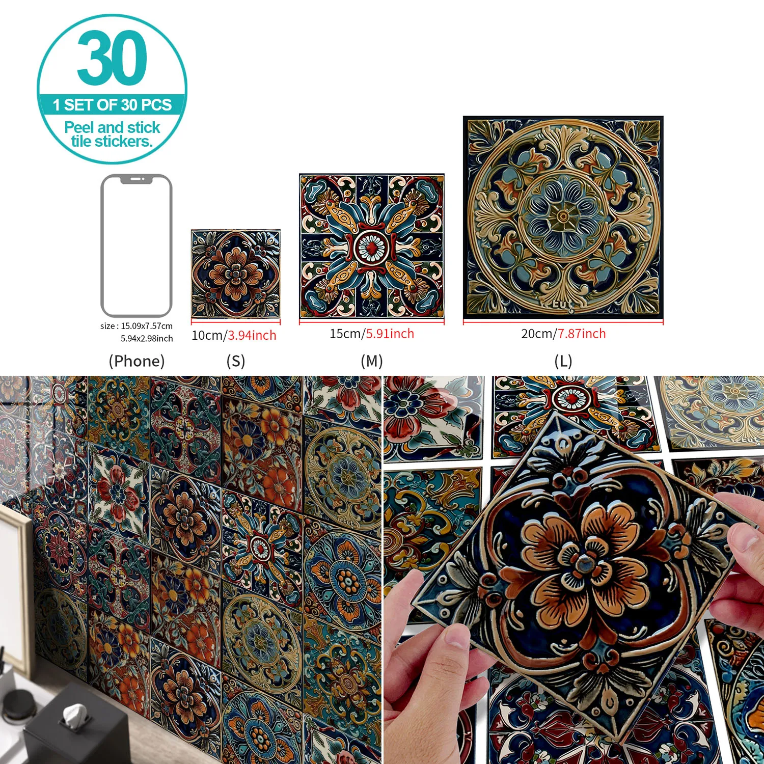 

10PCS of Moroccan Relief Style PVC Waterproof Self-Adhesive Wall Stickers Peel and Stick Kitchen and Living Room Tile Stickers