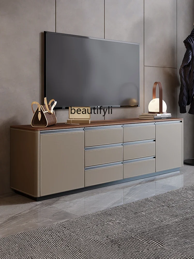 Minimalist saddle leather high TV cabinet modern living room floor cabinet small apartment bedroom locker