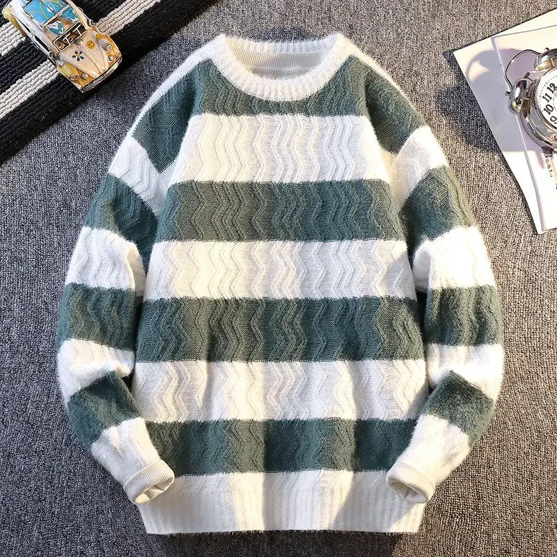 

Trendy Autumn Winter Striped Knitted Loose Fit Sweater Set for Teenage Boys Casual Comfortable Polyester Long Sve round Ne