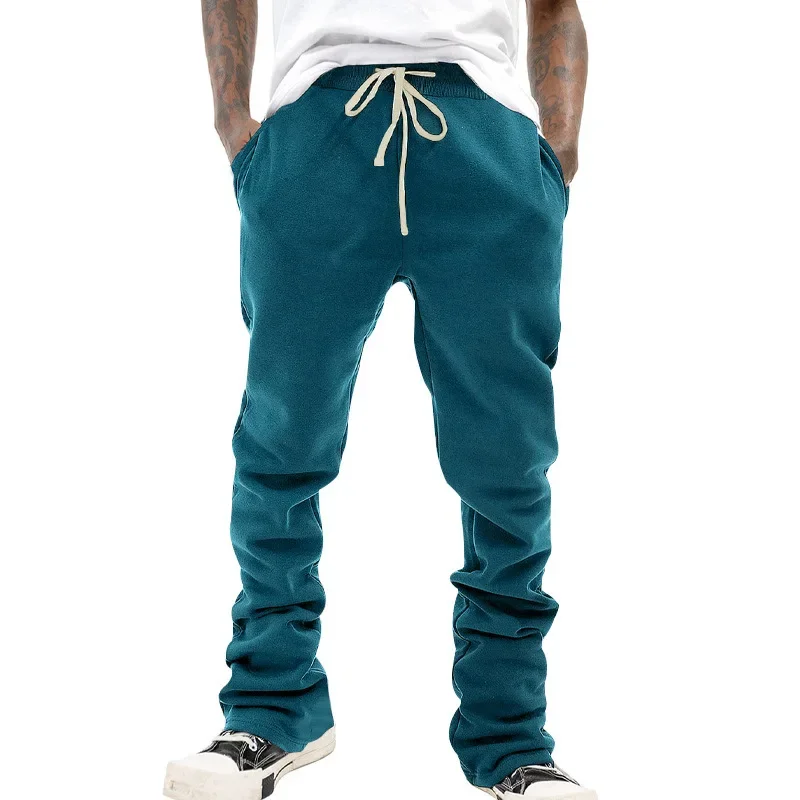 Amazon Cross-border Heavy Bootcut Drawstring Solid Color TrousersAmerican Street Hip Hop Solid Color Retro Men's Casual Pan