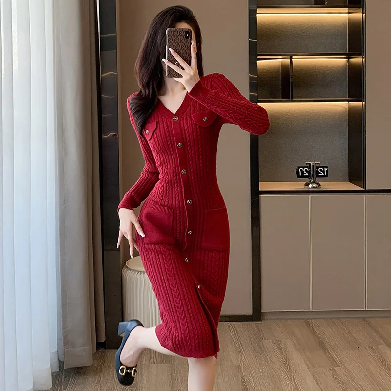 

Knitted Dress Women's Autumn New 2023 Round Neck High Waist Long Sleeve Slim Sweater Small Red Dress