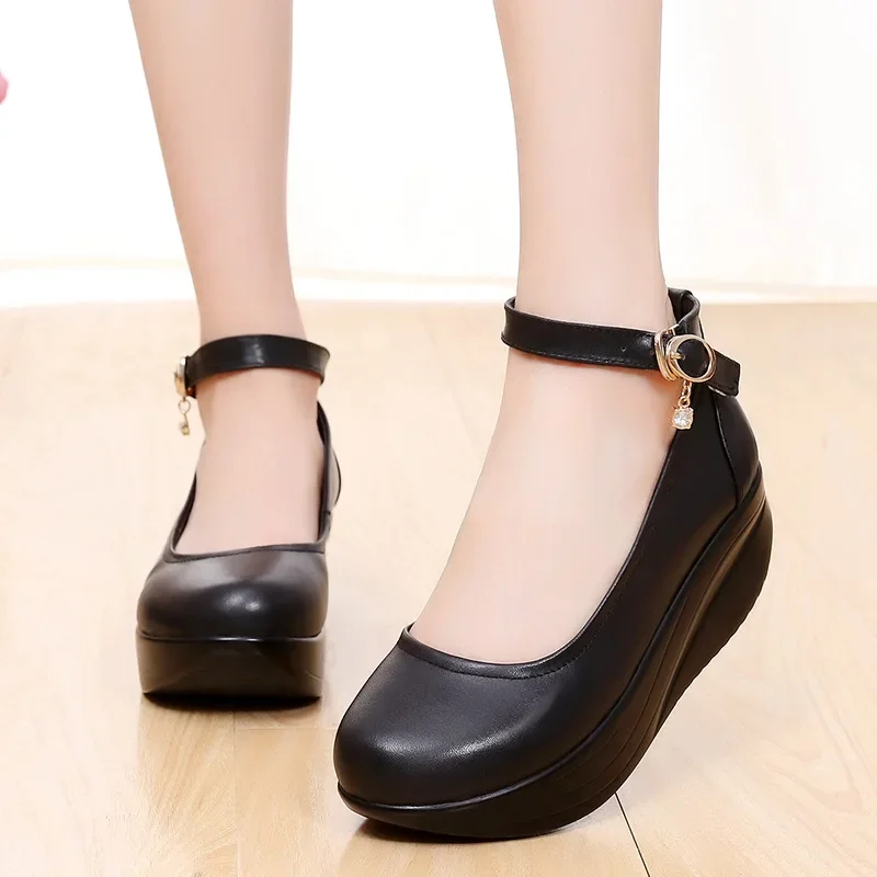 5.5cm Small Plus Size 33-43 Comfortable Leather Shoes Women Mary Janes 2024 Thick Bottom Platform Wedges Shoes Mom Office Dance