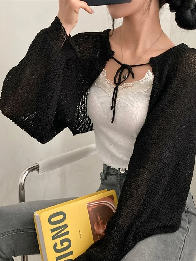 Long Sleeve Knitted Sweater Women's Spring Fashion Design Sunscreen Shawl Coat Drawstring  Knot Open Cardigan