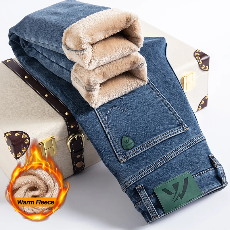 冬のメンズフリース暖かいジーンズファッション弾性ストレートビジネスカジュアルダークブルーデニムパンツ肥厚ぬいぐるみベルベットズボン