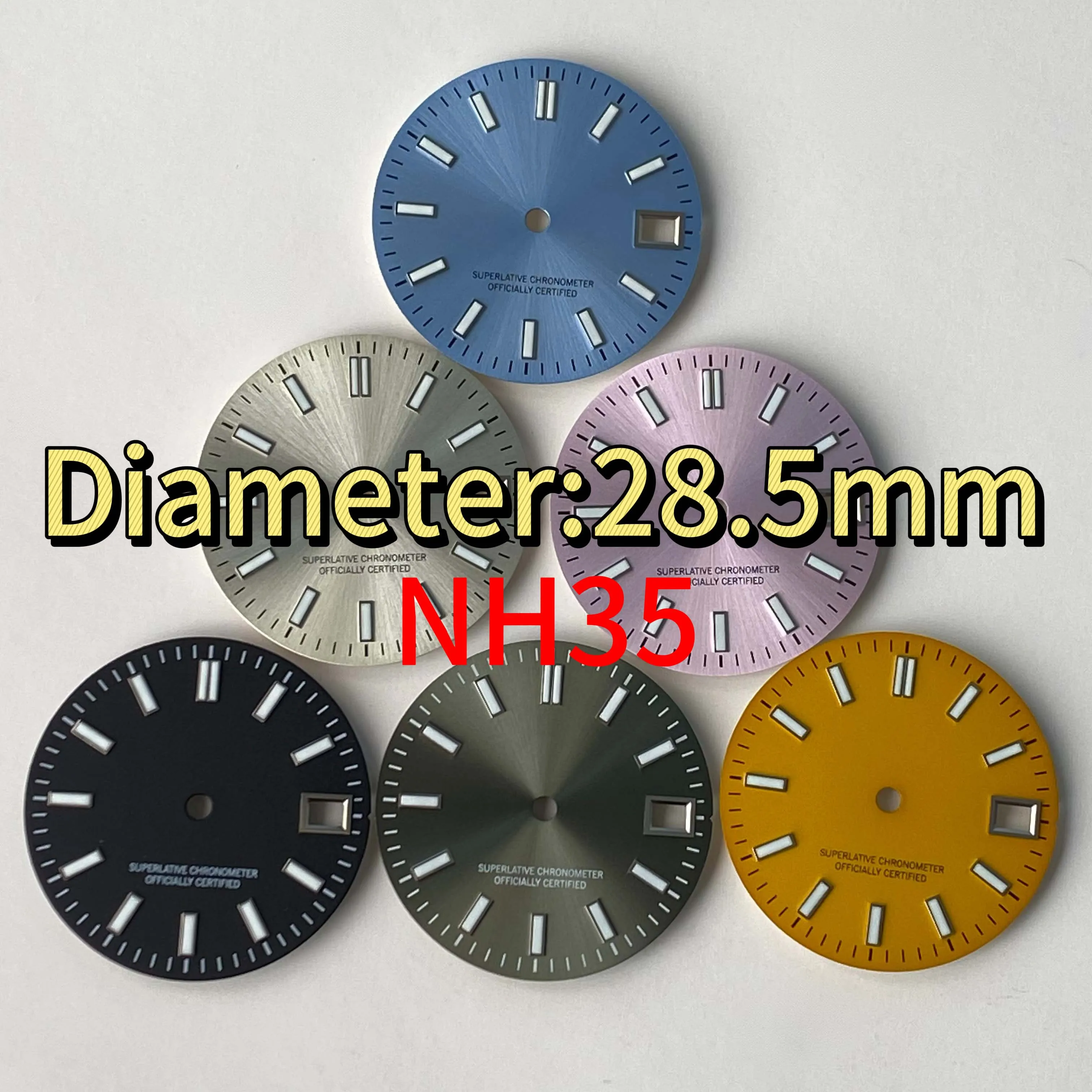 

28.5mm sun pattern single and matte single calendar bar studs emit green light dial suitable for NH35 movement watch accessories