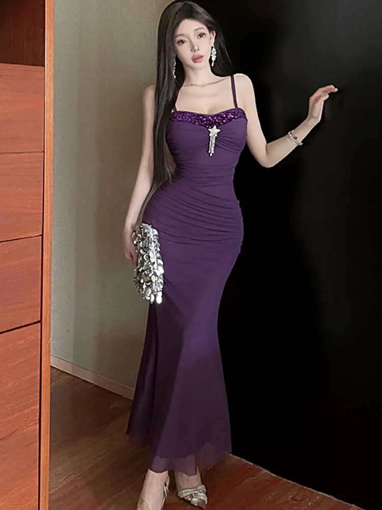 

Летнее фиолетовое сетчатое лоскутное платье с бриллиантами и блестками, сексуальное длинное платье на бретельках, женское элегантное вечернее платье, 2025 г., корейские винтажные роскошные платья
