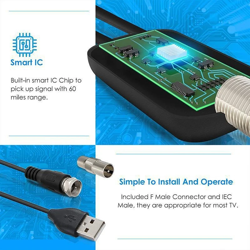 DVB-T2 1080P Digital Antenna for Smart TV; 4K Compatibility; 25dB Amplifier Booster; Perfect for Motorhome and Boat