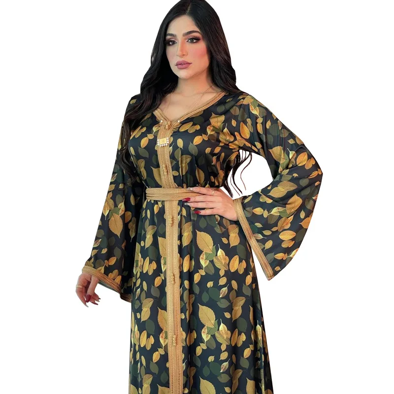 

Muslim Middle Eastern Dubai Printing Women Party Casual Dress Vintage Long Sleeves Arabic Gowns Robe Abaya Donna Musulmana Moda