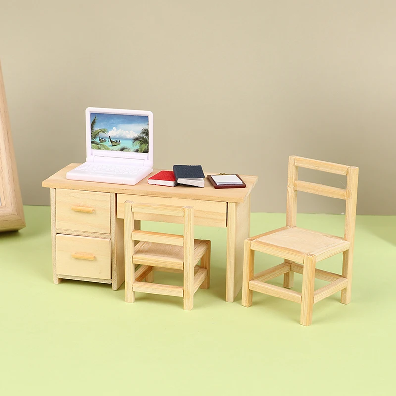 1/12 Dollhouse Wooden Desk Decoration Simulated Mini Desk Chair Furniture Model Toy Writing Study Desk School Desk For Dolls