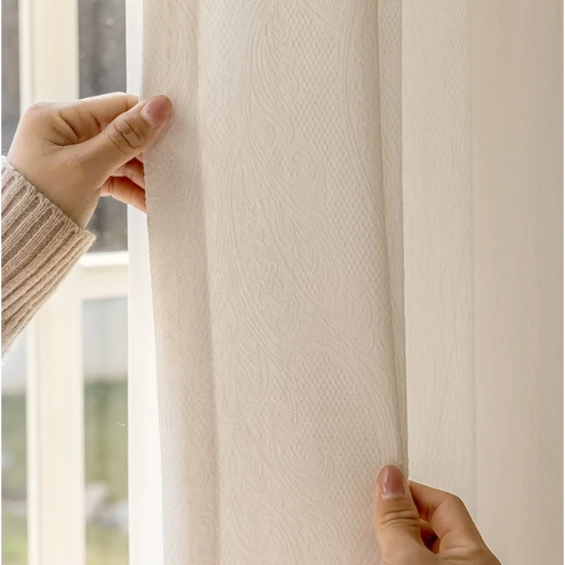 French Beige Embossed Gauze Curtains Light-impermeable Curtains Living Room Bedroom Balcony Curtains