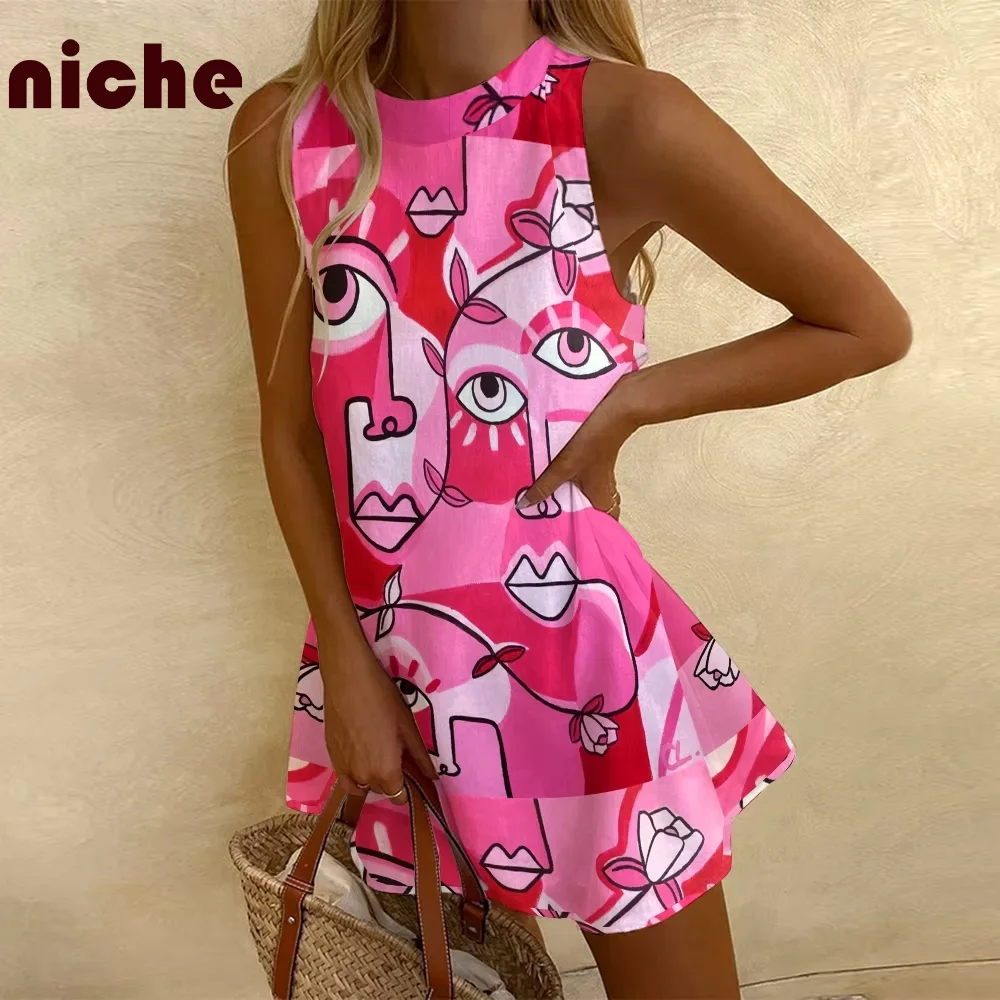 

Y2k Style Dress Women's Pink Cartoon Character Print Sleeveless Party Dresses Bamboo Hemp Fabric Trend Fashion Luxury Skirt