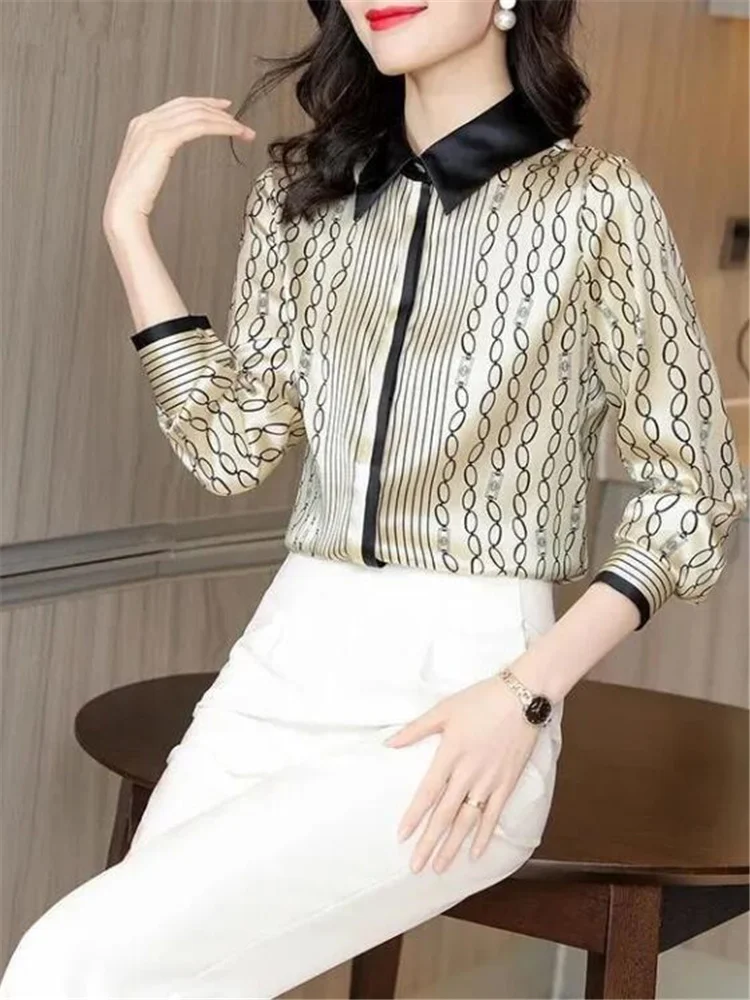 Imitation Silk Shirt Women’s Satin Blouses High End Striped Printed Offce Ladies Shirt Long Sleeve Basice Button Up Female Blusa