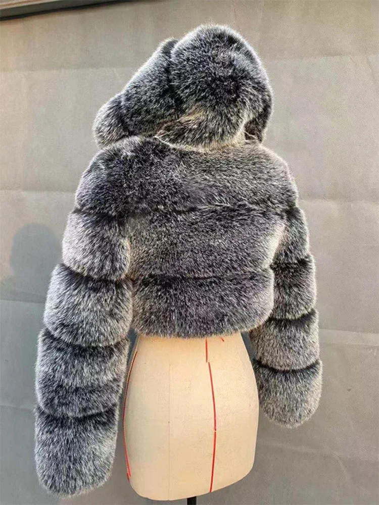 

High Quality Furry Cropped Faux Fur Coats and Jackets Women Fluffy Top Coat with Hooded Winter Fur Jacket manteau femme