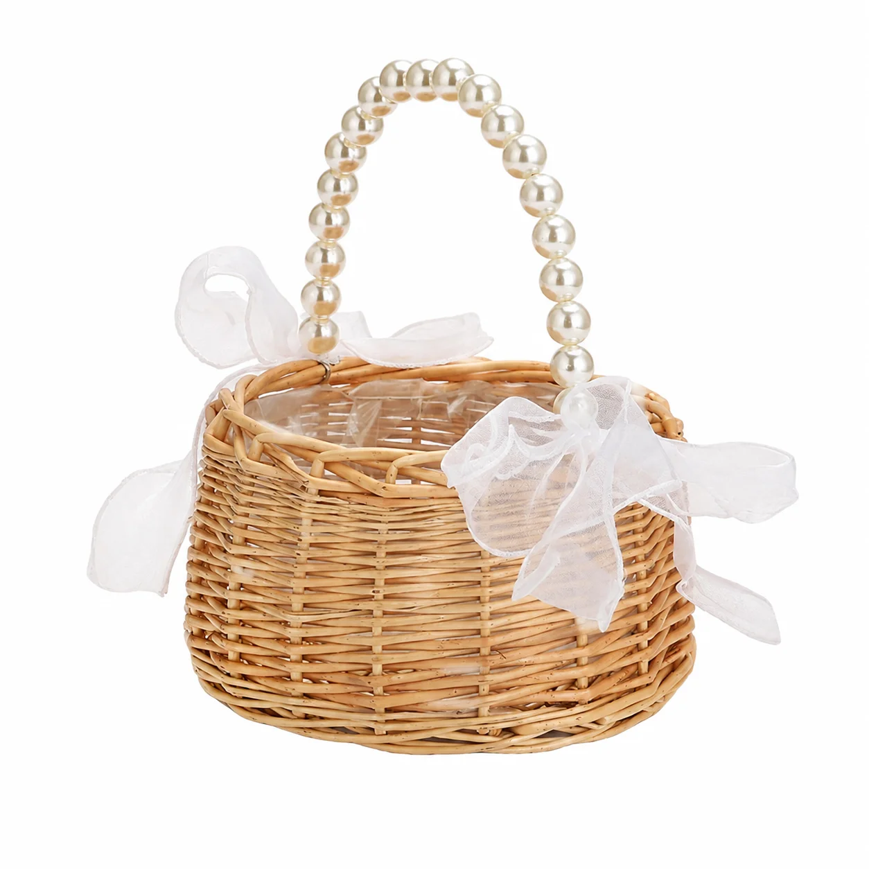 Mini Pearl Handle Princess Basket, Small Woven Gift Basket with White Bow for Wedding, Flower Girl and Ceremony Use