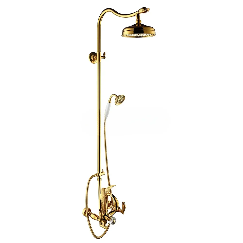 X9613SS2 Model Luxury Swan Shape Gold Color Plated Brass Material Exposed Bath Shower Faucet Artistic Rain Shower Set