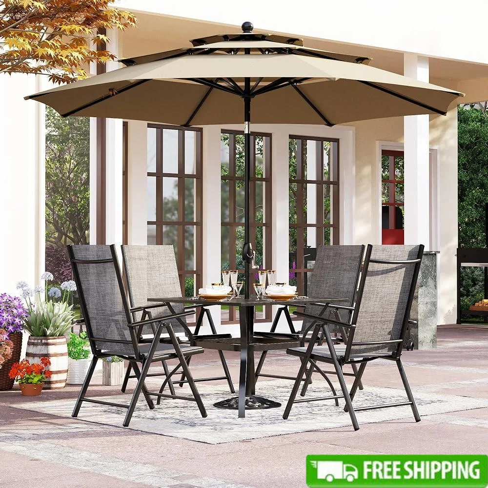 

Outdoor Patio Dining Set 10ft Umbrella 4 Adjustable Folding Chairs Square Table Waterproof Durable Garden Furniture