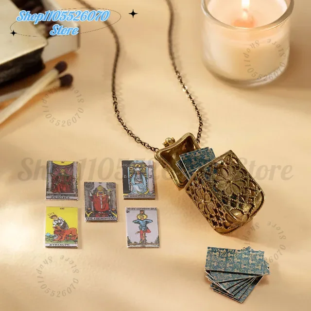 Tiny Tarot Card Necklace, Necklace with 22 Mini Colorful Cards in Cage Pendant