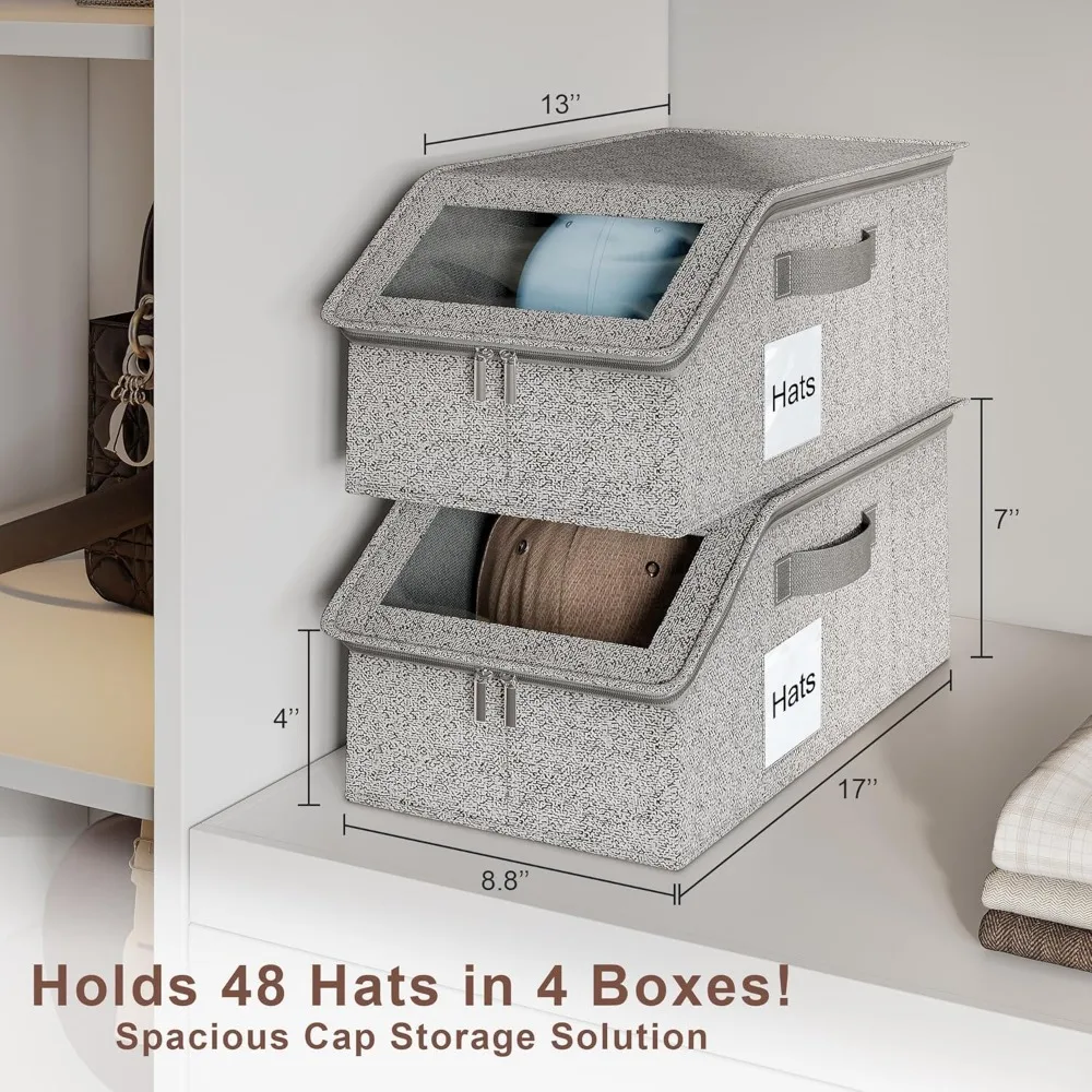 صندوق تخزين القبعة متعدد الوظائف لـ 48 قبعة بيسبول، رمادي مع نافذة شفافة وسحاب