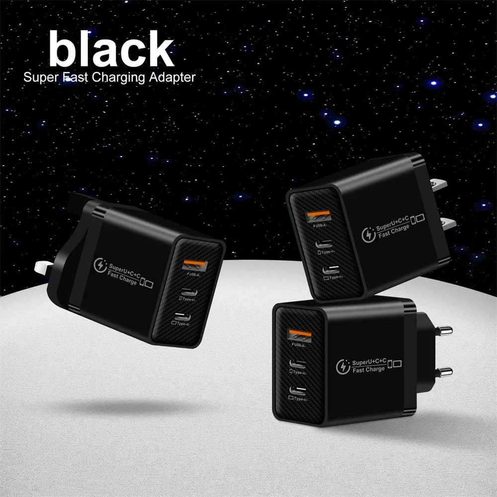48W 3-Port USB C Fast Charger PD QC 3.0 Wall Adapter with USB-A Type-C Ports, EU/US/UK Plug for iPhone 15 Samsung Xiaomi Huawei