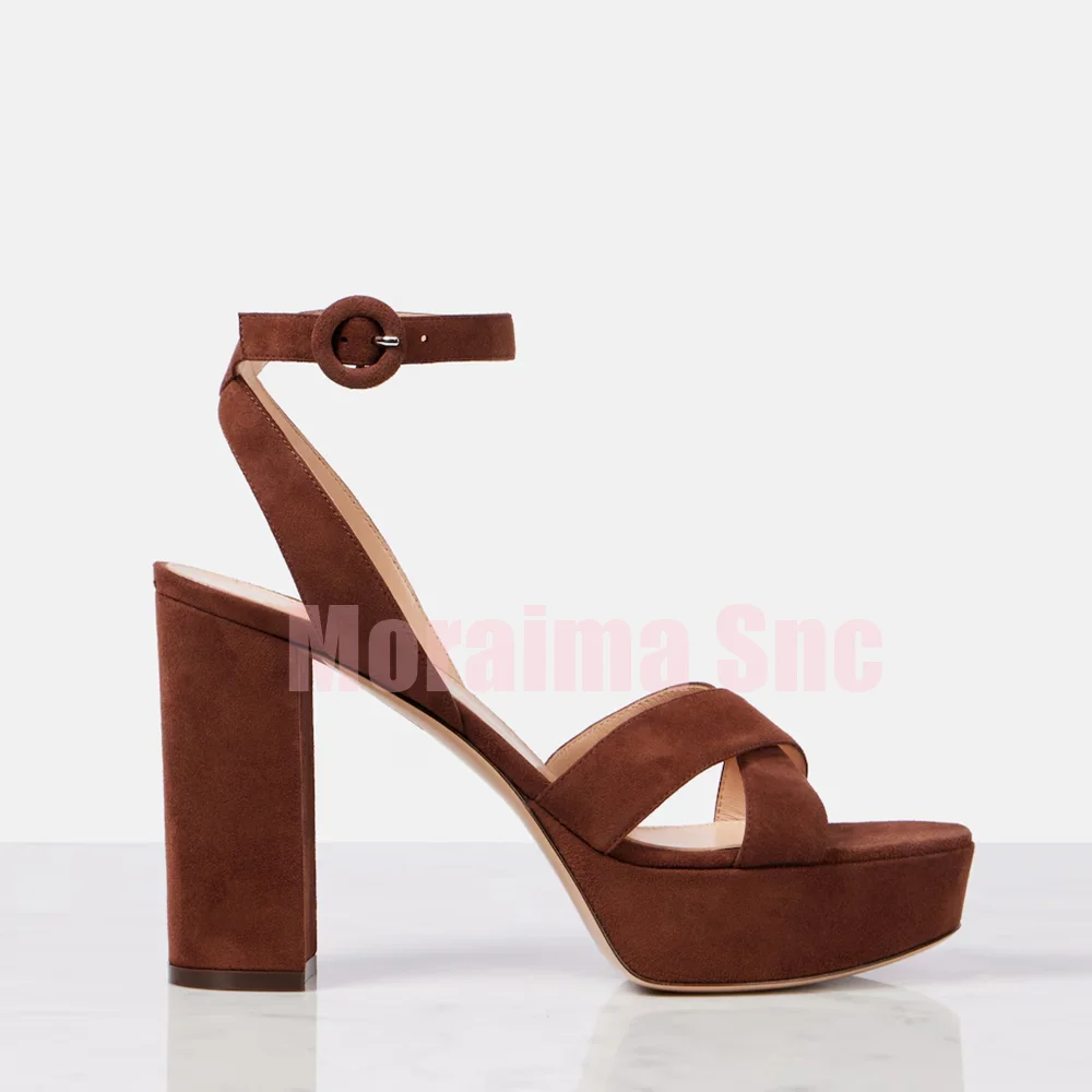 

Suede Leather Platform Sandals Cross Strap Block Chunky Heel Round Open Toe Ankle Buckle Strap Brown Solid Women's Summer Shoes