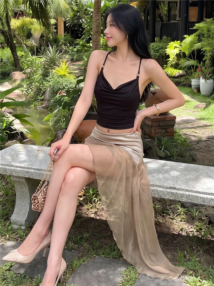 Leosoxs Patchwork Mesh Skirt Women Irregular Hem Elastic Waist Music Festival Summer Sexy Midnight Chic Classic Streetwear