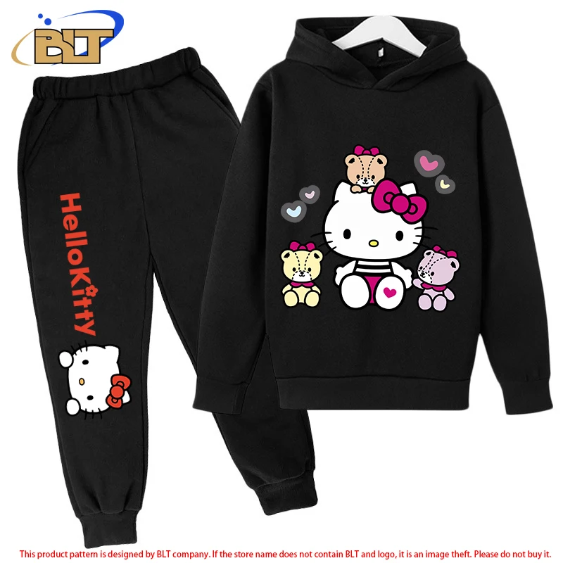 HeIIoKitty children's fleece hoodie set black sports sweatshirt pants 2-piece set suitable for boys and girls