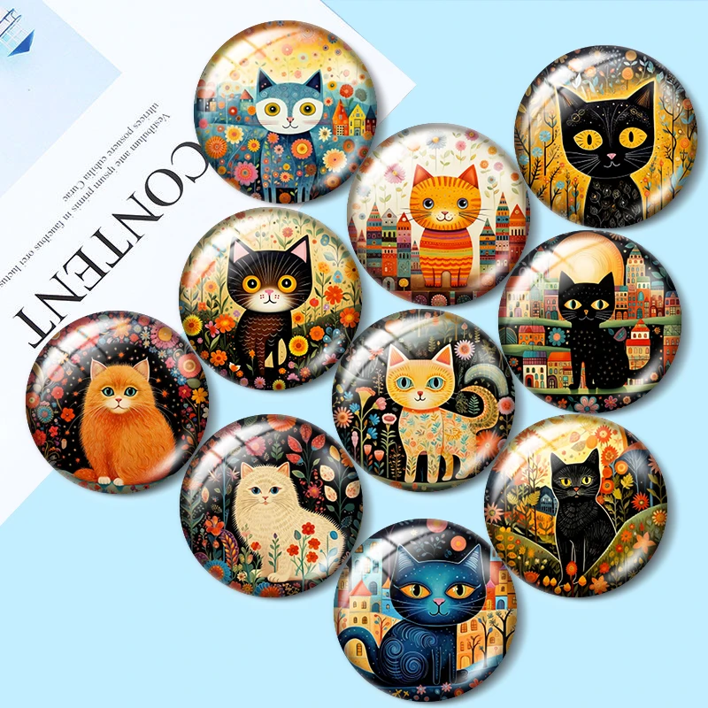 Cat Naive Art 10pcs 12mm/16mm/18mm/25mm Round Photo Glass Cabochon Demo Flat Back Making findings