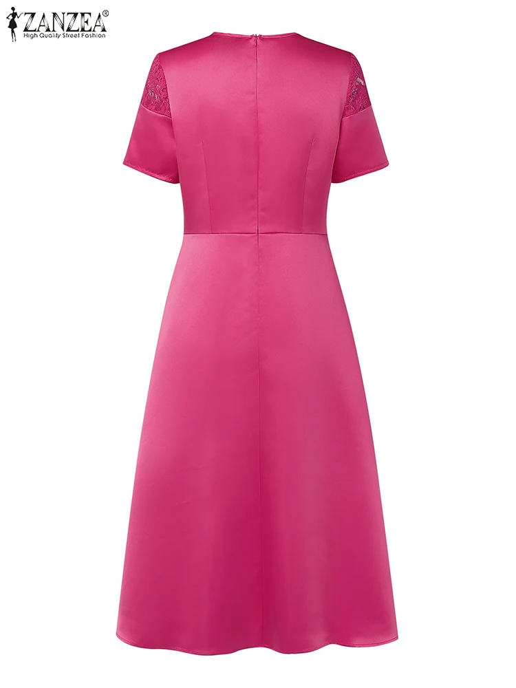 ZANZEA moda encaje Patchwork A-Line Vestidos mujer elegante cuello redondo manga corta cintura alta Midi batas plisadas Vestidos de fiesta
