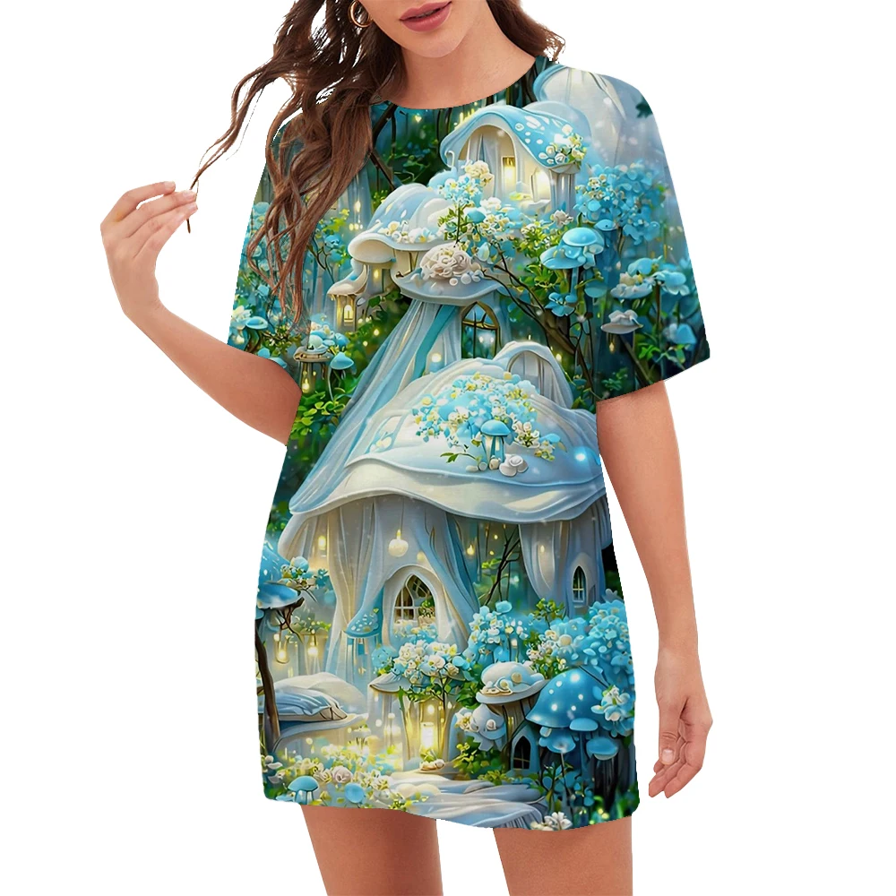 2023 Women Hot Sale Pattern Dress Dream Flower 3D Printed Short Sleeve Dress Fashion Round Neck Ladies Summer Scenery Mini Dress