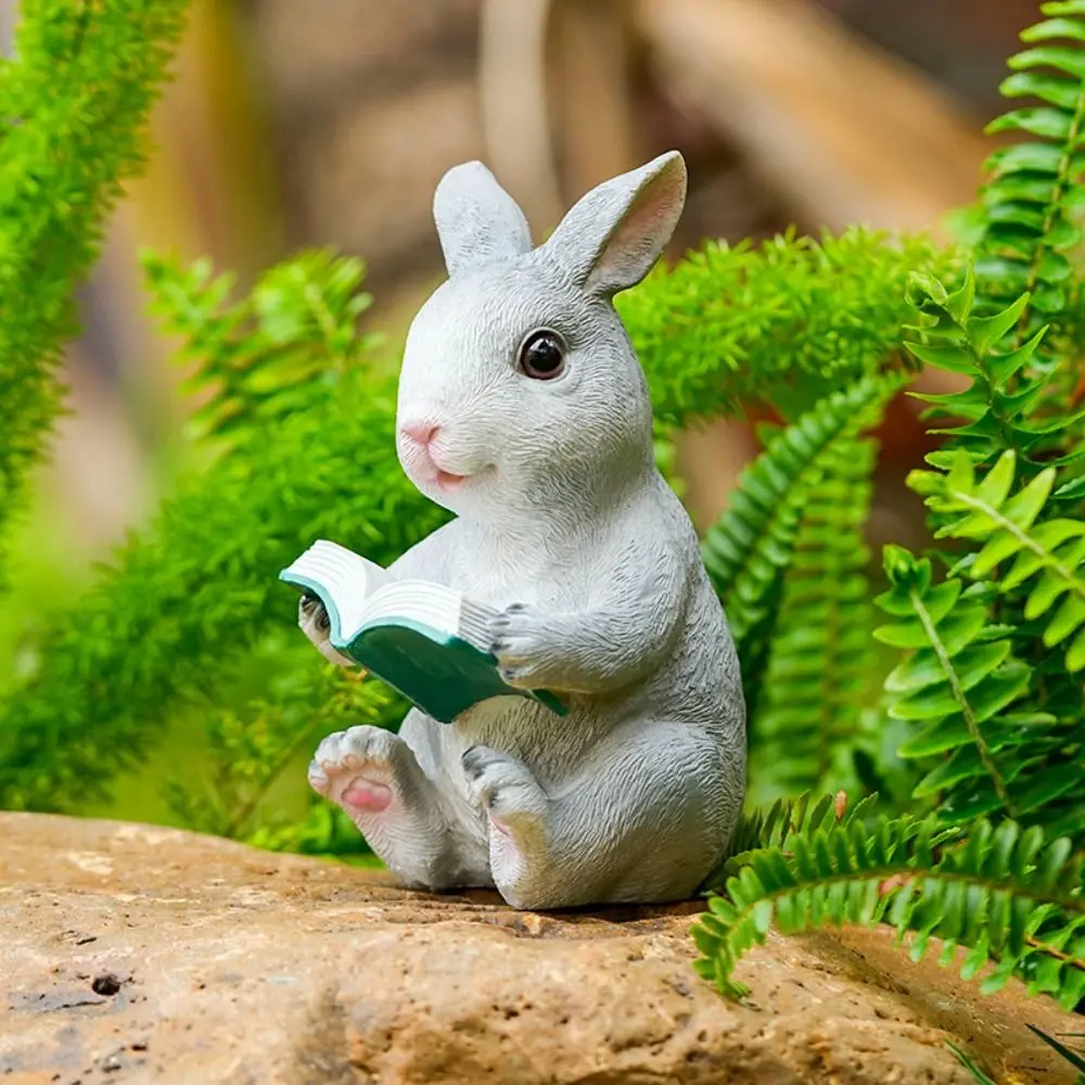 Cute Rabbit Reading Book Statue Handicraft Unique Bunny Figurine Toy Resin Crafts Garden Animal Statue Garden Courtyard Decor