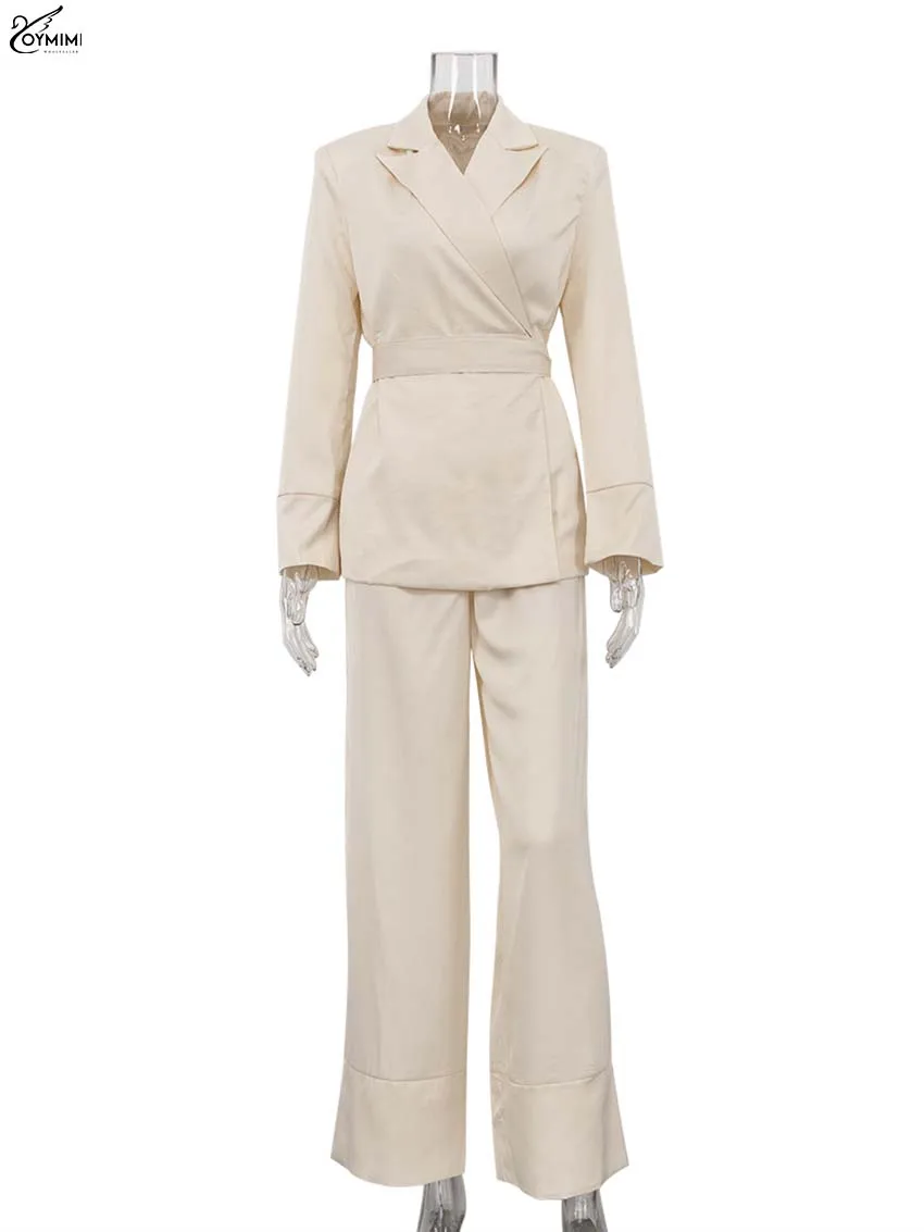 Oymimi Elegant Apricot 2 Piece Sets Women Outfit Fashion Long Sleeve Lace-Up Shirts And High Waist Straight Simple Trousers Sets