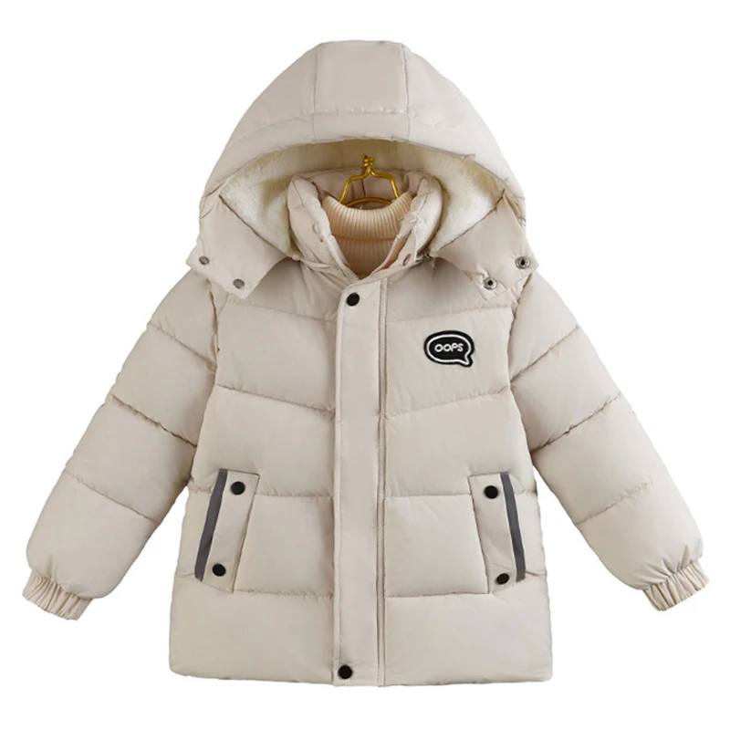 -30℃ Winter New Boys Jacket Long Solid Color Berber Fleece Lining Thick Warm Hooded Parka For 4-12Y Teen Boys Cotton Snowsuit