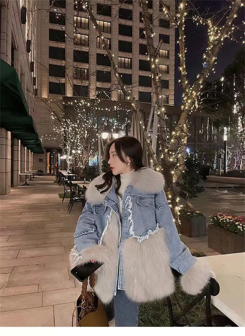 2024 Autumn/winter New Faux Fur Parka Coat with Thick Fleece Denim Jacket for Women\'s Clothing