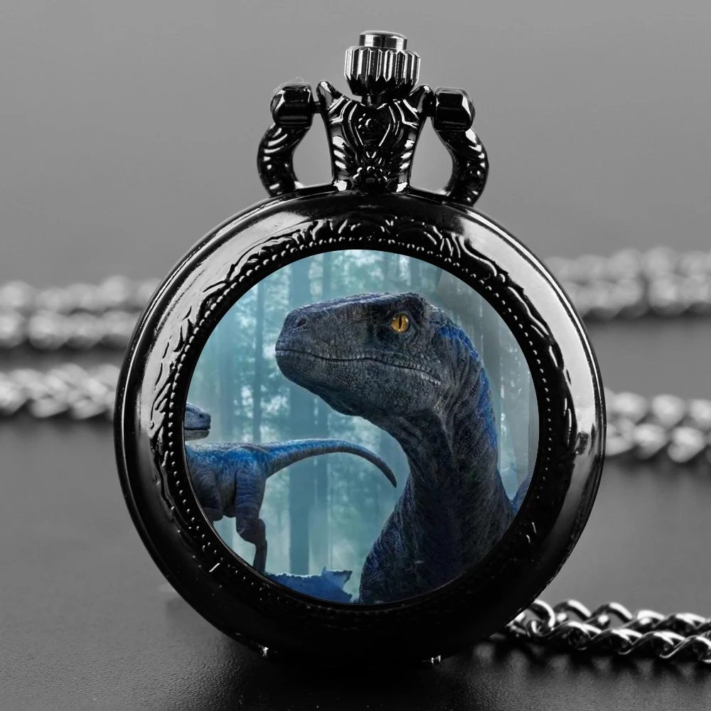 Prehistoric Dino Park Glass Cover Quartz Pocket Watch With Heavy-Duty Chain Arabic Numeral Display Great Halloween Presents