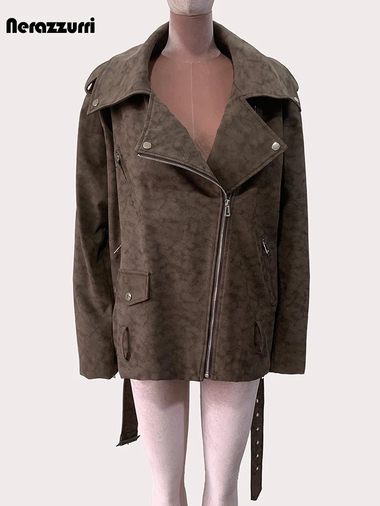 Nerazzurri-Veste en cuir PU souple marron pour femme, ceinture, fermeture éclair, manches longues, rétro, décontracté, mode coréenne, automne