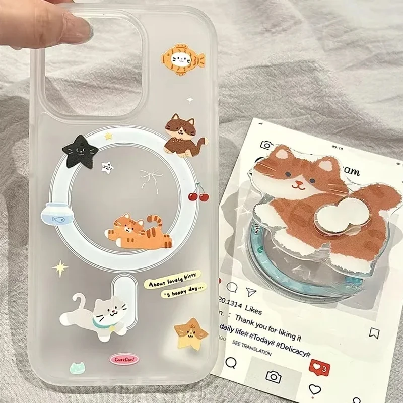 بسيطة الكرتون مضحك لطيف القط ل Magsafe اللاسلكية تهمة جراب هاتف آيفون 11 12 13 14 15 16 17 الهواء برو ماكس زائد Y2K غطاء