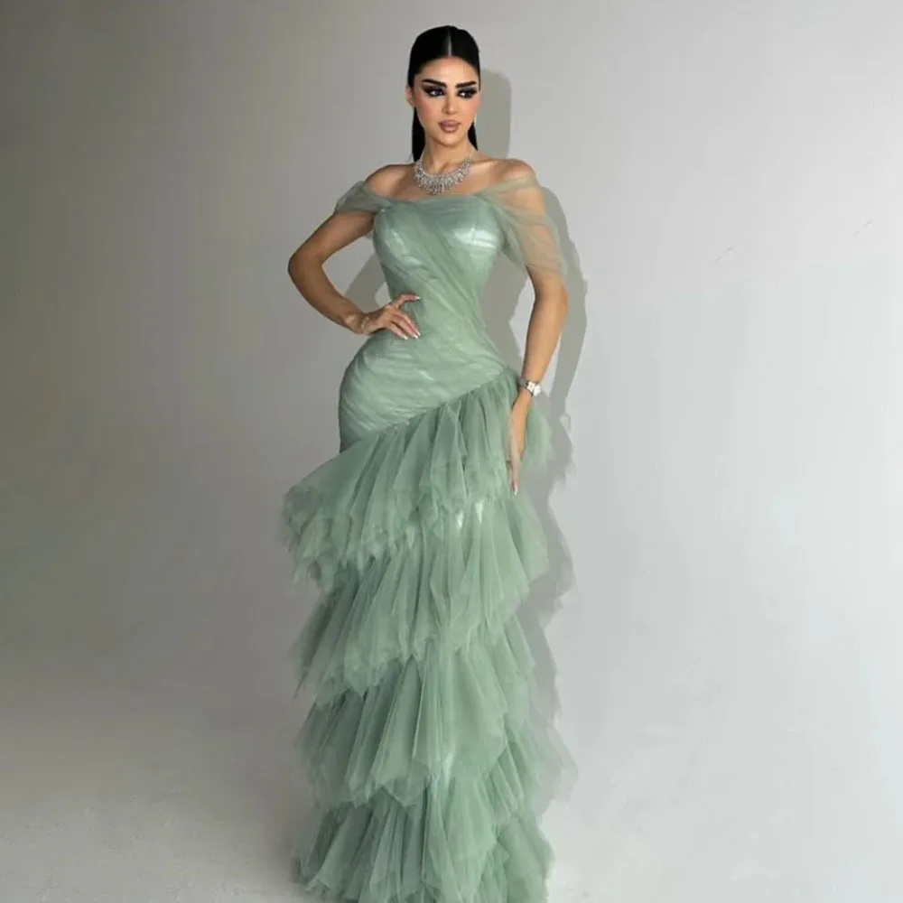 

Customized High Quality Floor Length Off Shoulder Green Dress Wrinkle Tiered Women Prom Evening Gown Vestidos De Gala Tulle