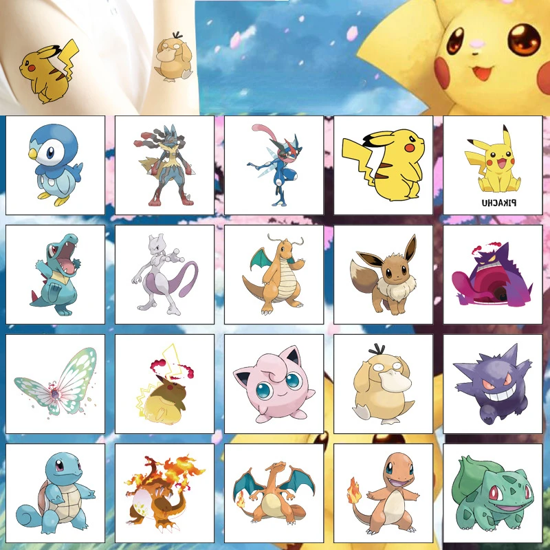 Stiker tato Pokemon Pikachu, 20 buah/set stiker tato tahan air lucu Pikachu, mainan hadiah ulang tahun Natal anak perempuan