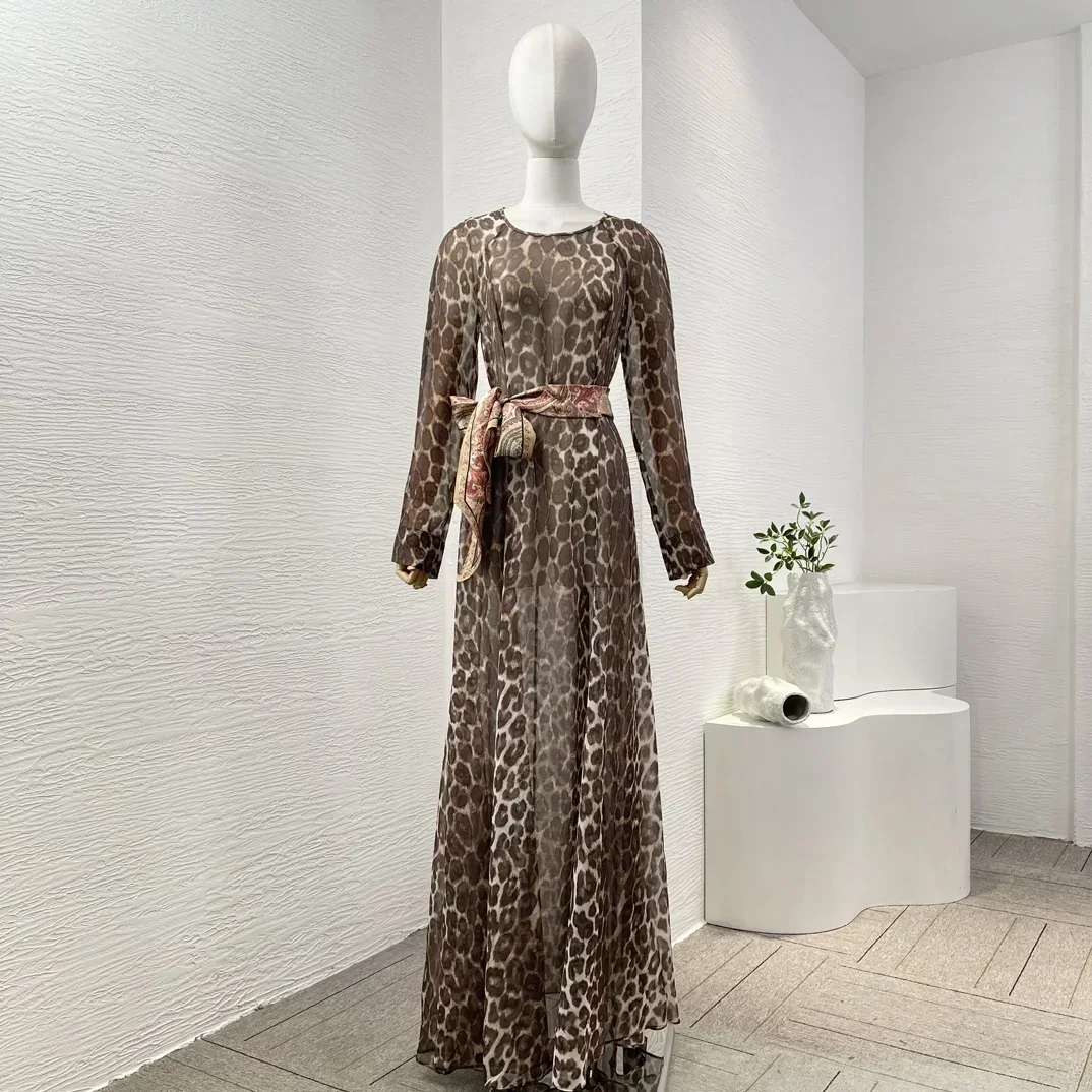 

2024 Classic Leopard Print Long Sleeve High Quality Crew Neckline Removable Scarf Belt Women Maxi Dress