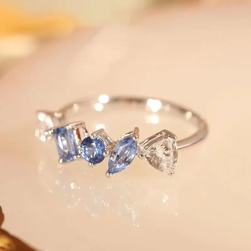 Light Luxury Gradient  Sea Blue Crystal Irregular Rings for Women New in Ideas High Quality Simple Wind Droplet Silver Jewelry