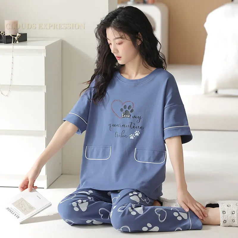 Big 5XL Pajama Sets Short Sleeved Cartoon Bear Knitted Cotton Plaid Sleepwear Elegant Women\'s Pajamas Lounge Home Pijama Mujer