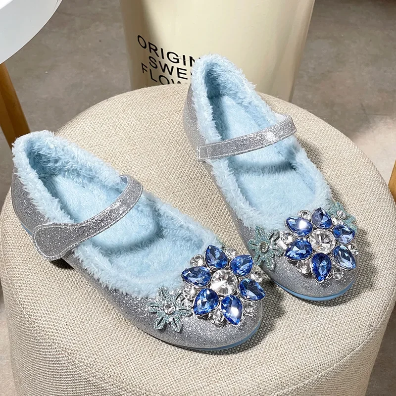 

Kids Leather Shoe for Girls Winter 2023 Rhinestone Warm Children Princess Shoes Cotton Plush Toddlers Crystal Single Shoes Flats