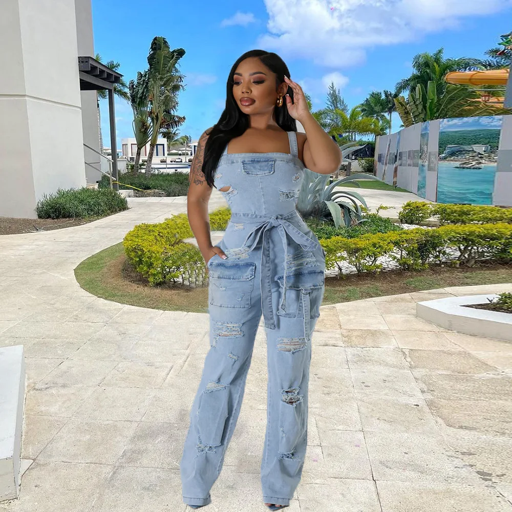 Gewaschener Denim Cargo Overall für Frauen 2024 Sommer sexy elastische Loch taschen Gürtel riemen weites Bein Hosen Jeans Overalls Stram pler