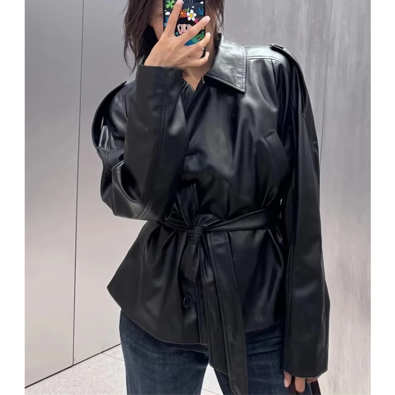 MUJER Black Women's Trench Coat Faux Leather Cropped Jacket Woman New in Outdoor Coats Women's Windbreaker Fashion Outerwears
