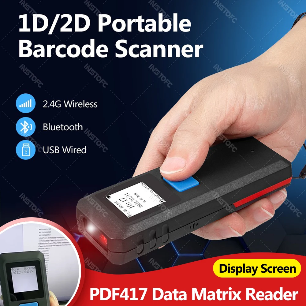 

2D-сканер штрих-кода Мини 2,4G Беспроводной Bluetooth USB Портативный 1D QR-код Data Matrix PDF417 Reader с режимом хранения для телефона ПК