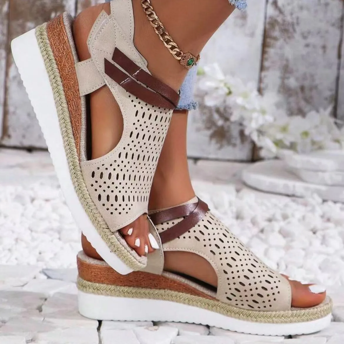 

plus size Hollow-out Wedge Sandals Women's 2024 Summer New Thick Sole Sandals